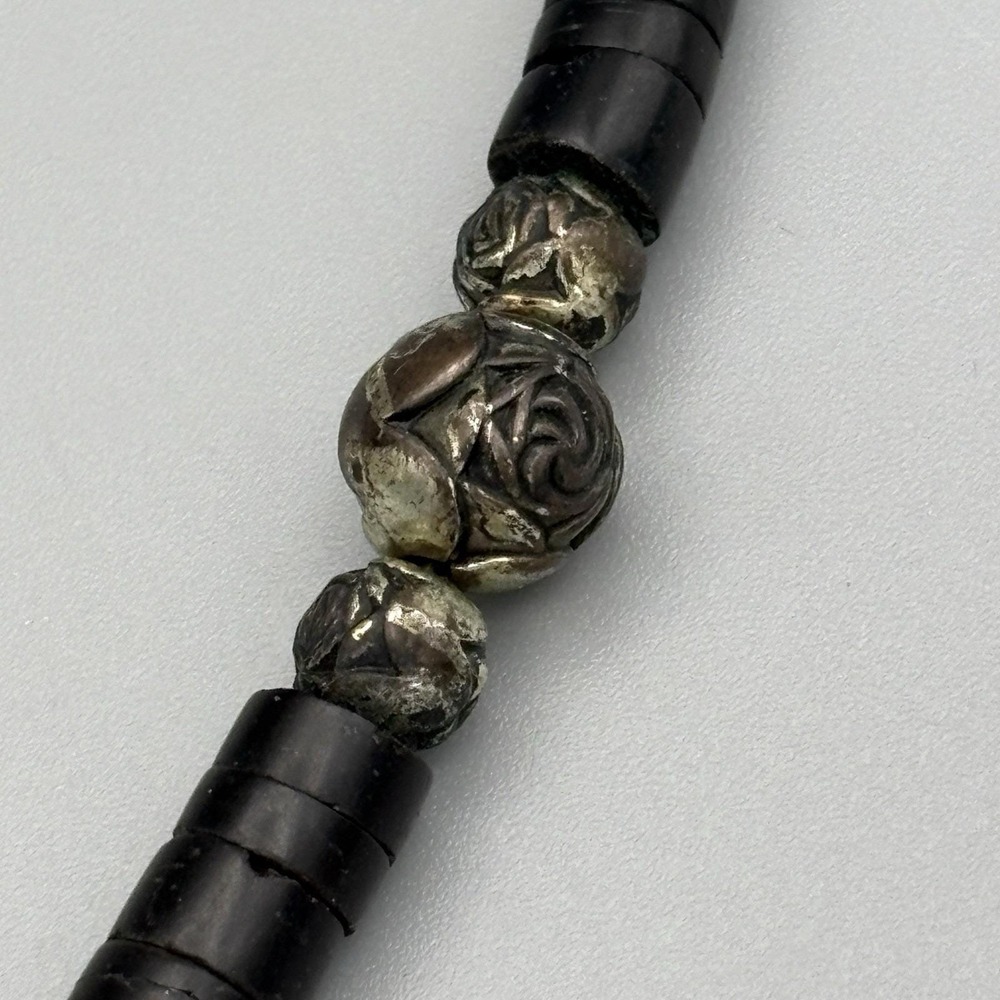 Vintage Graduated Heishi Brown Pen Shell Necklace 18" Silvertone Rose Beads - Picture 4 of 6